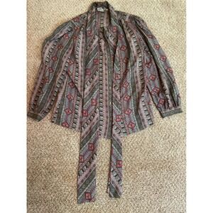 Vintage Contessa Monique Women Blouse 16 Aztec Geometric Stripe Tie Nec